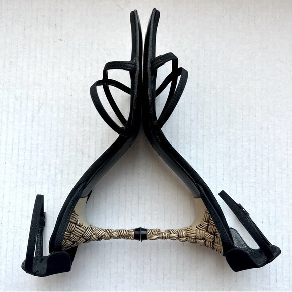 Casadei‎ Black Sandals w/ Ankle Strap & Rattan Bamboo Look Heels Women Sz US 4.5 - Picture 4 of 15